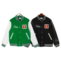 Rhude Embroidered Patch Printed Leather Sleeve High Street Baseball Jacket American Woolen Hooded s Coats