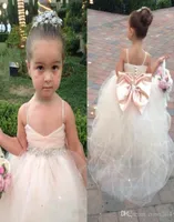 2022 Pageant Dresses For Girls With Bow Spaghetti Straps Flower Girl Dresses White Ivory Champagne Kids Ball Gowns Wedding Sash Be2847027