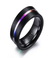 Men039s Tungsten Carbide Ring 8 mm Black Brossed Inclay Rainbow Colored Line LGBT PRIDE RING3404216