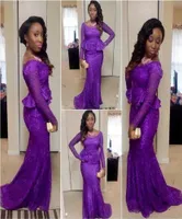 Arfrican Purple Mermaid Prom Evening Vestes 2019 ASO EBI Mangas largas Lace Lace Prom Dress Peplum Gown9228215.