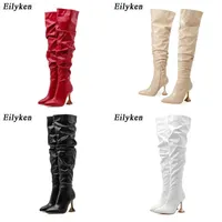 Boots Eilyken New White Pleated Leather Over the Knee Boots Fashion Runway Strange High Heels Sexy Zip Design Womans Shoes 220913