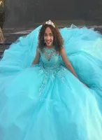 Vestidos 15 Anos Quinceanera Dresses 2022 Aqua Blue Hodique Beaded Ball Downs Sweet 16 Dresses Bateau Tulle Prom Dress Vestidos D8750264