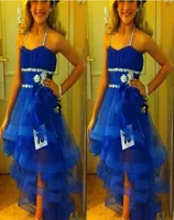 Halter Girls Pageant Gowns Sequins Boncuklar Katmanlı Kraliyet Mavi Çiçek Kız Elbise Gençler Tül Kanat Çocukları Resmi Giyim Kızlar Düğün P1979219