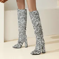 Botlar Sonbahar Kış Zebra Baskı Kadınlar Bot Moda Pileli Kare Yüksek Topuk Diz Yüksek Botlar Bayanlar Kaynak Ayak Ayakkabıları 221114