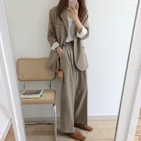 Women's Two Piece Pants Luck ATwo 2 Set Women Turn Down Collar Single Breasted Long Sleeve Ladies Coat And High Waist Wide Leg Korean