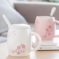 Muggar keramiska rosa körsbärsblomma värmebeständiga mugg med lock och sked kreativt mjölk par te juice kopp kontor dryckware gåva