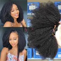 İnsan Saç Döşemeler Moğol Afro Kinky Kıvırcık Paketler Kapanış Dokunma Uzantıları 4B 4C Virgin Everbeauty