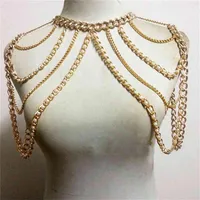 Chran Mode Frauen sexy goldene Farbe Körper Halskette Kette Charm Multi -Layer Faux Pearl Schulter Slave Bauchgurte Geschirr Schmuck253x