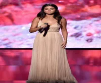 2020 Selena Gomez Blush Pink Cheap Prom Dresses Scoop Neck Long Chiffon Tulle Split Plus Size Seal Saled Bress Bress Celebr3842861