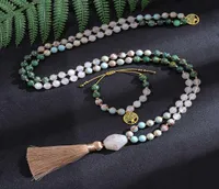 Collane a sospensione 8mm giada bianca africana imperatore perle jasper perle annodate di meditazione della collana japamala set di gioielli yoga 108 6761821