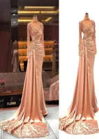 2022 Sexy Blush Pink Prom Kleider hoher Hals Illusion Spitzenkristall Perlen Langärmel offener Abend Dress Party Festzug forma5235331