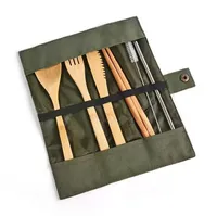 Wooden Dinnerware Set Bamboo Teaspoon Fork Soup Knife Catering Cutlery Sets with Cloth Bag Kitchen Cooking Tools Utensil Wholesale DD