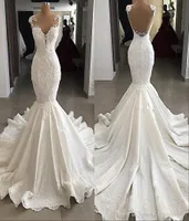 Sheer Neck Lace Mermaid Wedding Dresses Satin Applique Beaded Seen Through Back Sweep Train Wedding Dress Bridal Gowns Vestidos De8474364