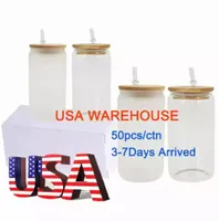 12oz 16oz USA Warehouse Botellas de agua Diy Sublimación en blanco puede Vuelos con topas de vidrio de cerveza con tapa de bambú y pajita para café helado GC1115S2