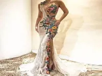 One Shouder Mermaid Evening Dresses Colorful Embroidery Flower Applique Lace Sheer Prom Dress Women Party Gown BC142833223095