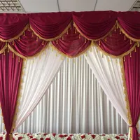 White Ice Silk Backdrop Curtain 10ft x 10ft And Wine Red Swag Drapes With Gold Tassels For Wedding Birthday Party Decoration299T