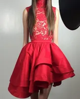Michael Costello Cocktail Dresses High Neck Short Prom Party Party Lace Satin Red Ivory Custom Made Plus Size Tiers G4924335