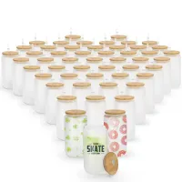 Sublimación de 12 oz latas de vidrio de 16 oz con tapas de bambú pajitas reutilizables Cerveza de masón lata transparente tazas de refresco de vaso esmerilado tazas de agua tazas de agua