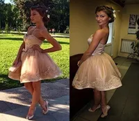 2020 NUEVO Sexy Short Mini Champagne Cocktail Dresses Sweetheart Lace Appliques Beads Pearls Sash Bow Sweet 16 Homecoming Dress Prom24443458