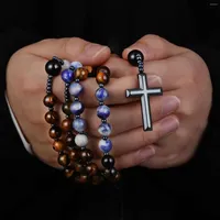 Chains Tiger Eye Stone Black Agate Natural Blue Rosary Beads Necklace Hematite Cross Pendant Catholic Mala Jewelry Gift