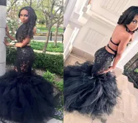Imagem real 100 Black Girls Mermaid Prom Dresses 2019 Sheer Lace Aplique Sexy Backless Ruffles Salia Vestidos formais de noite 9744535