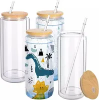Botellas de agua de US Warehouse sublimación de pared doble de vaso de vidrio de 16 oz gafas con tazas de paja reutilizables de tapa de bambú BB1115