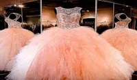 Ball Gown 2019 Floor Length Amazing Rhinestone Crystals Blush Peach Quinceanera Dresses Sleeveless Crew Neck Sweet 16 Ruffles Prom2774753