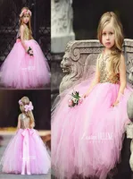 Puffy Pink Tulle Little Girls Pageant Dresses Top Gold Sequin Floor Length Flower Girl Dress Bow Sash Formal Kids Ball Gowns 20172360503