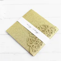 Gold glitter wedding invitation with RSVP envelop belly band pocket fold invitations wedding decoration supply offer printing318N