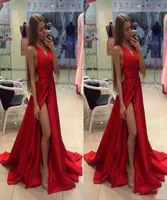 2018 Cheap Thigh Slit Splid Red Prom Dresses V Neck Sexy Open Back Sweep Train Custom Made Formal Prom Gowns Special Occasion Wear6796945