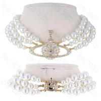 Luxury Fashion Pearl Necklace Premium Retro Three Layer Pearl Shining Saturn Bead Pendant Vivia Gold Silver Two Color