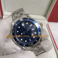 Med l￥dor M￤nklockor Mens Automatic 41mm Blue Wave Dial Professional Rostfritt st￥l Armband Folding CLASP 300M 007 Sport Mechanical Watch armbandsur