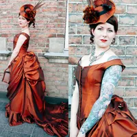 Vintage wiktoriańskie zgiełku wieczorne sukienki wieczorne Ruche z rękawem Taffeta Formalne okazje suknie balowe wampirów maskarada Halloween sukienka steampunk gotycka vestido
