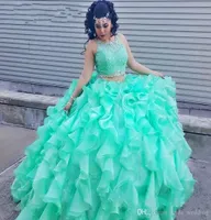 2019 Mint Green Two Pieces Quinceanera Dress Princess Cascading Puffy Sweet 16 Ages Long Girls Prom Party Pageant Gown Plus Size C1691393