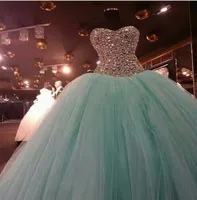 Imagen real Mint Green Crystal Quinceanera Vestidos de pelota 2018 Sweet 15 Dress Sweetheart Vestido de Festa Long Tulle Formal Prom5945890