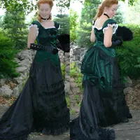 Винтажные викторианские суеты вечерние платья готические зеленые и черные платья для вечеринок с рюшами