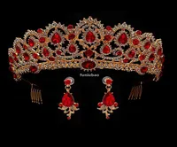 Red Wedding Crown Gold Royal Bridal Tiara Queen Bride Crown And Earring Pageant Baroque Headband Princess Hair Jewelry Ornament T19084510
