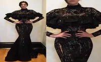 Saudi Arabia Black Lace Prom Dresses 2017 High Neck Long Sleeves Mermaid Evening Gowns Sexy See Through Women Formal Party Dress6688909