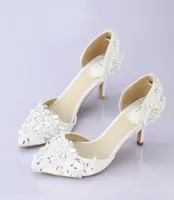 Billig spitzer Zehen Hochzeitsschuh bequeme mittlere Absatzbrauthochzeitsfeier Schuhe handgefertigt Kristall Schwangere Schuhe Weiß Satin4004128