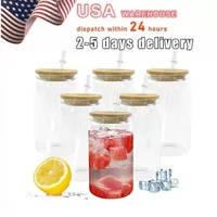 USA STOCK 16 oz Water Bottles Sublimation Mugs with Bamboo Lid Straw Glass Tumblers DIY Blanks Clear Can Cups Heat Transfer Iced Coffee Whiskey Drinkware SS1116