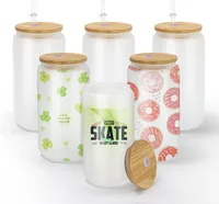US Warehouse 2 Days Delivery 16oz Sublimation Glass Mugs Clear Cola Can Tumblers With Bamboo Lid and Reusable Straw Beer Cocktail Cup Whiskey Coffee Iced Tea Jars