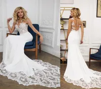 Mermaid Wedding Dresses Sheer Disc Ncond Mleeless Illusion Apliques Lace Satin Veja através de vestidos de noiva de praia Bridal D5326180