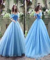 2019 Real Image Cinderella Ocean Blue Prom Dresses Off Shoulders Beaded Butterfly Organza Long Backless Ball Gown Evening Party Go6749795