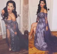 2017 Arabic Middle East Purple Evening Dresses Off Shoulder Beads High Side Split Tulle Prom Party Gowns Custom Runaway Red Carpet5207913