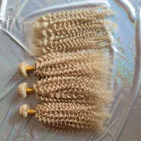 613 Blonde krullend menselijk haarbundels met 5x5 kanten sluiting 4 pc's deal Braziliaans Remy Hair