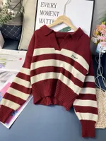 Women's Sweaters Red Polo Sweaters Letter Embroidered Knitted Crop Top Puff Sleeve Jumper Preppy Style Sweet Pullovers songyi LQ17 221116