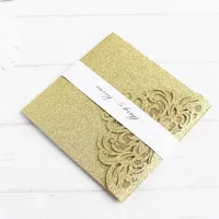 Gold glitter wedding invitation with RSVP envelop belly band pocket fold invitations wedding decoration supply offer printing273R