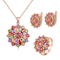 Collier Boucles d'oreilles Set Ociki Colorful Rose Gold Color Cumbic Zirconia Crystal and Ring Jewelry for Women Gift Drop