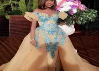2016 Fouad Sakis Gold Evening Dresses With OverSkirt Off Shoulder Juliet Short Sleeves Blue Embroidery Dubai Celebrity Dresses Mnm6553348