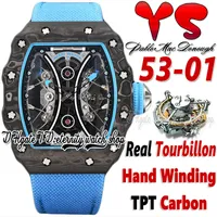 YS ysf53-01 Mens Watch Real Tourbillon Hand Winding Pablo Mac Donough TPT Carbon Fiber Case Skeleton Dial Blue Nylon Strap 2022 V3 Super Edition Sport eternity Watches